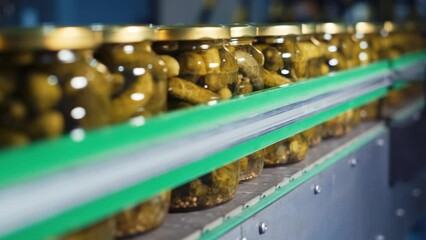 Preservation of vegetables. An industrial line for processing and preserving cucumbers. Fresh cucumbers are washed, picked and preserved in glass jars for long-term storage. 4K. 3