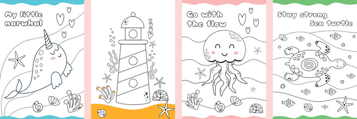 Easy coloring page set. Cute sea animals coloring page for kids, children. Kids game, child activity. Sea coloring book. Ocean page be colored. Whale turtle jellyfish lighthouse. Vector illustration.