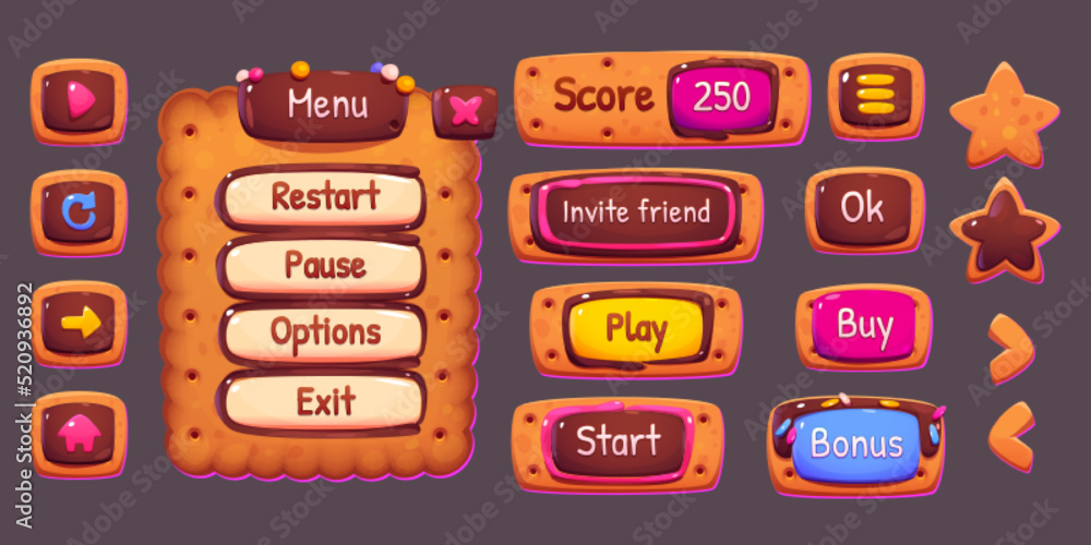 Poster game menu board and buttons with cookie and chocolate texture. vector cartoon set of sweet biscuit p