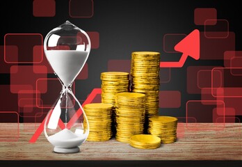 Money, clock and up arrow. Placement of savings on bank deposit. Income growth. Rising mortgage...