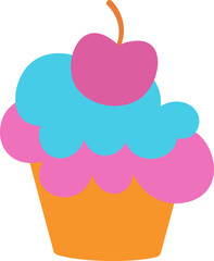 Delicious sweet cupcakes flat design vector illustration. Appetizing muffin with cherries and chocolate souffle . Cute cakes with cream. Muffin dessert sweet, food. Baking, cooking. Pastel shades.