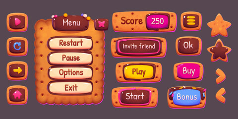 Game menu board and buttons with cookie and chocolate texture. Vector cartoon set of sweet biscuit panel, play, start, score banner and icons in shape of star and arrows - obrazy, fototapety, plakaty