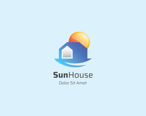 Creative colorful house with sun logo gradient