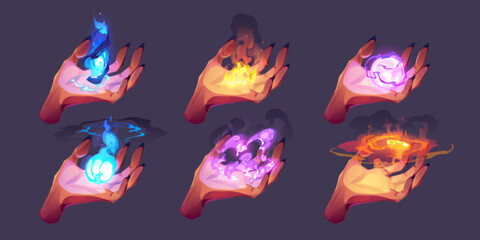 Witch hands with black magic power cartoon set. Vector illustration of creepy female fingers holding illuminated flame, ice, hurricane, curse symbols isolated on background. Evil woman casting spell © klyaksun