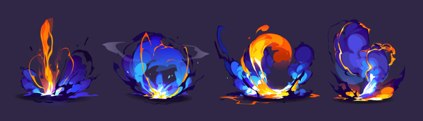 Magic explosion, bomb boom game effect. Blue and orange fire blast with rising smoke, wizard weapon shot with clouds, smog and haze trace. Lightning strike, elemental magician spell Cartoon vector set © klyaksun