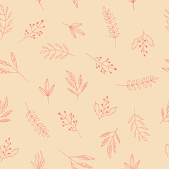 leaves seamless pattern hand drawn doodle. vector, minimalism, scandinavian, monochrome, trendy colors 2022. simple abstract plants. wallpaper, wrapping paper, textiles, background.