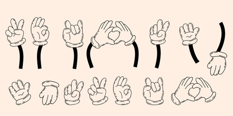 Set comic hands in gloves, gestures - heart, ok, hello, two fingers. Vector illustration. Linear hand drawn doodle. Outline element for design and decor, print.