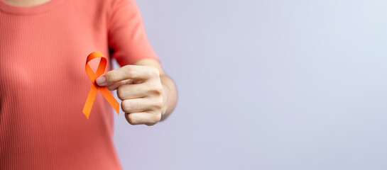 Orange Ribbon for Leukemia, Kidney cancer day, world Multiple Sclerosis, CRPS, Self Injury Awareness month. Healthcare and word cancer day concept