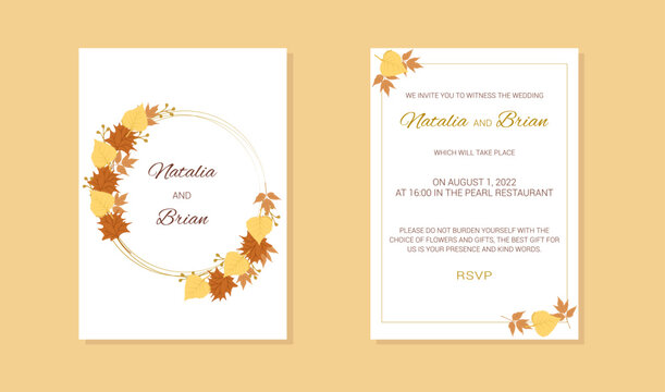 wedding invitation with frame birch leaves maple twigs