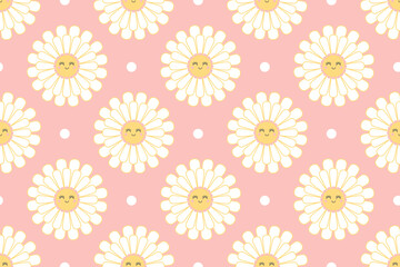 Cute smiling daisy flower seamless pattern. Chamomile with happy emotion.illustration for nature design. Vector cartoon background. 