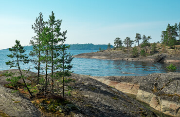 Fototapeta na wymiar Ladoga Skerries National Park. Beautiful view on Rocks and Lake Ladoga in Republic of Karelia, largest lake in Europe.