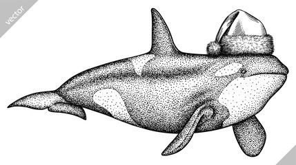 Vintage engrave isolated christmas saw fish set illustration santa costume killer whale ink sketch. Wild new year hat hammer shark background line dolphin vector art