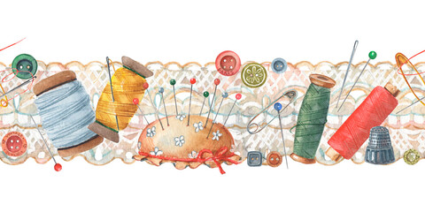 Fototapeta premium Watercolor seamless horizontal border for fashion design art. Vintage lace ribbon with colorful needles, button, thread and pins. Equipment for atelier worker.
