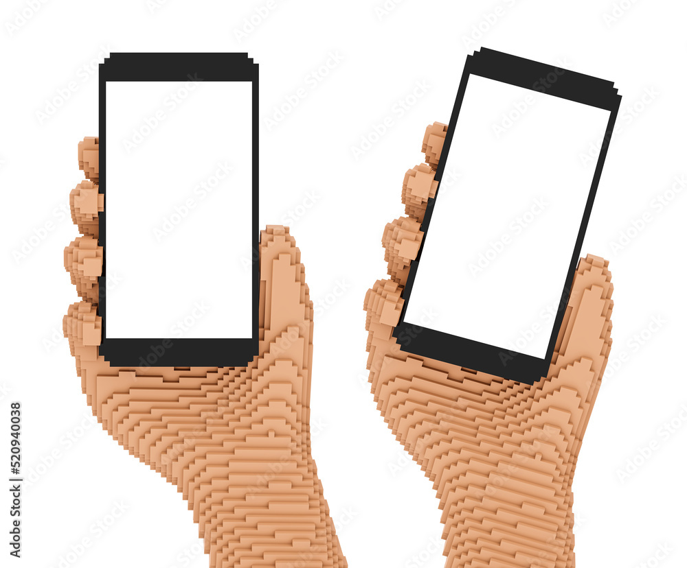 Poster 3d pixel style hand holding smartphone with blank screen - bricks style 3d render