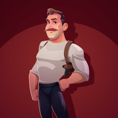 Private detective with gun in holster. Self confident man police officer, cop, crime investigator. Cartoon serious mustached male character stand with arm akimbo, game personage, Vector illustration
