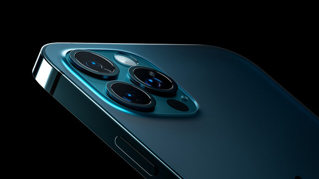 close up shot of mobile smart phone technological 3d render of communication device with camera lenses and metallic frame with dark green light