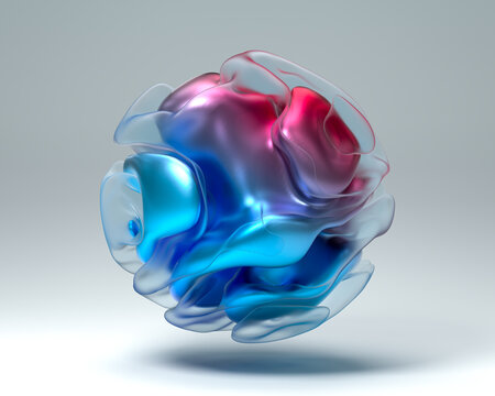 3d render of abstract colorful wavy organic spherical with blue and red metallic surface in a grey studio