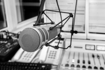 Professional microphone and sound mixer in radio station studio
