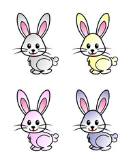 A flat illustration of a set of 4 rabbits in different colours, isolated on a white background