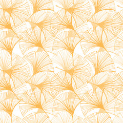 A seamless hand-drawn ginkgo leaf pattern in sketch style. Orange leaves at different angles on a white background. Leaf shape in the form of a duck's foot. Mystic lace background.