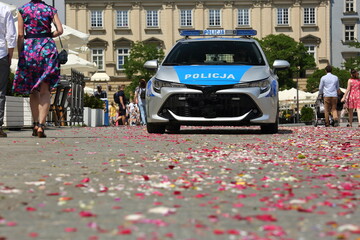 Police car in the street covered with petals drationally trown during Corpus Christi procession in...