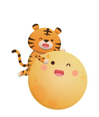 Cute tiger and moon character mascot celebrating mid-autumn festival