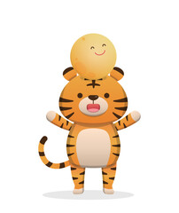 Cute tiger and moon character mascot celebrating mid-autumn festival