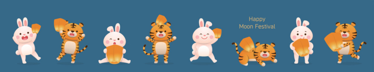 8 cute rabbits with tiger character mascots, orange lanterns or sky lanterns, traditional for Chinese New Year or Mid-Autumn Festival