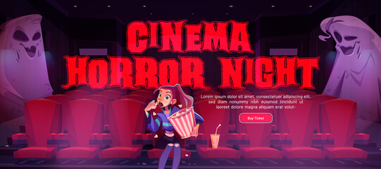 Cinema horror night cartoon banner. Young mesmerized girl with pop corn bucket sitting in movie theater front of screen watching film with creepy ghosts flying around in darkness, Vector illustration