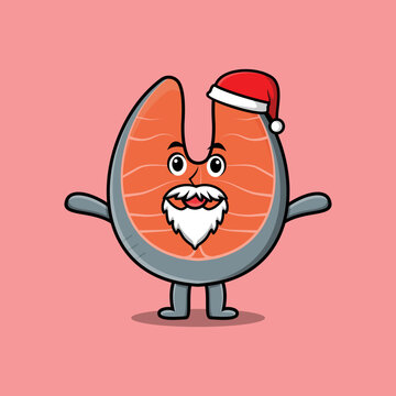 Cute Cartoon mascot character Fresh salmon santa claus character christmas in modern design style 