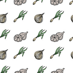 Seamless spice pattern, drawn element in doodle style. Culinary, Kitchen. Herbs and spices - onion, garlic and green onion feathers. Pattern in a fashionable linear style and green palette.