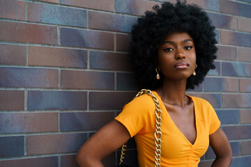 Portrait of young black woman with afro hairstyle smiling in urban background