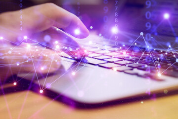 Big data technology background. Using a laptop against the background of visualization of a computer internet network, social connection, analytics, information.