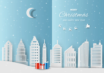 Merry Christmas and happy new year greeting card with Santa Claus coming to white city on winter night