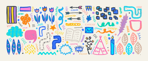 Hand drawn grunge doodles set. Big collection of abstract modern elements and shapes. Boho style grunge doodles.
