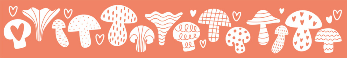 Vector horizontal pattern with different mushrooms for children. A hand-drawn drawing.