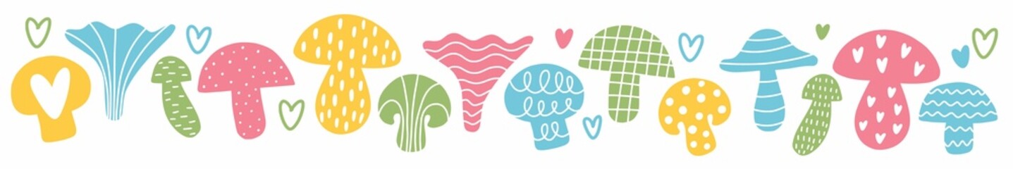 A hand-drawn set of cute mushrooms. Vector children's illustration with mushrooms drawn in the style of doodles.