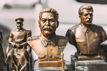 Soviet Leader Josef Stalin. Concept Of Nostalgia For Soviet Union. Miniature Bronze Figurines Of...