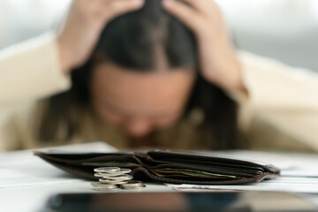 Worried unemployment woman open empty wallet on payday