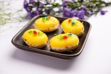 Malai Chop or Cream sandwich made using filling Rasgulla or Gulab jamun sweet is a Bengali sweet