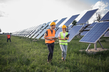 Business man and woman dressed in the suits having a deal, shaking hands while standing on a solar...