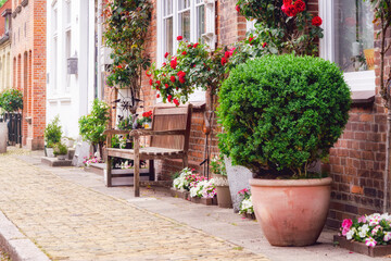 Fototapeta na wymiar Traditional street with flowers and bench in Friedrichstadt, Germany