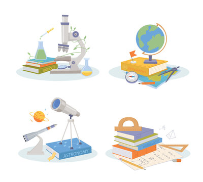 science set. laboratory items microscope tubes books modern equipment for experiments telescope globe for geography. Vector cartoon concept pictures