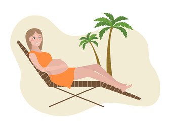 Summer pregnant woman on the beach, who lies on a sun lounger in an orange swimsuit.