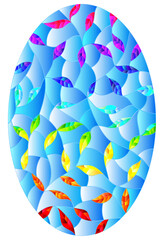 Illustration in the style of stained glass with leaves painted in a rainbow on a blue background, oval image