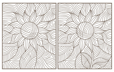Set of contour illustrations of stained glass Windows with abstract flowers, round images and square, dark outlines on white background
