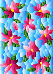 Illustration in stained glass style with intertwined abstract pink flowers on a blue background, rectangular image