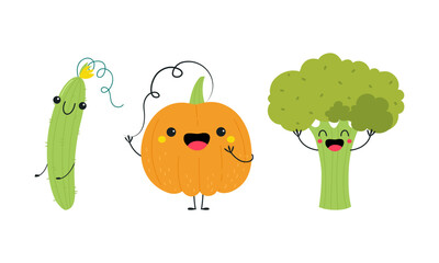 Funny Broccoli and Pumpkin Vegetable Character with Smiling Face Vector Set