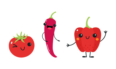 Funny Bell Pepper and Tomato Vegetable Character with Smiling Face Vector Set