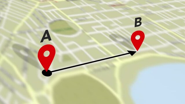Travelling quickest from point A to B animation on a street map with roads